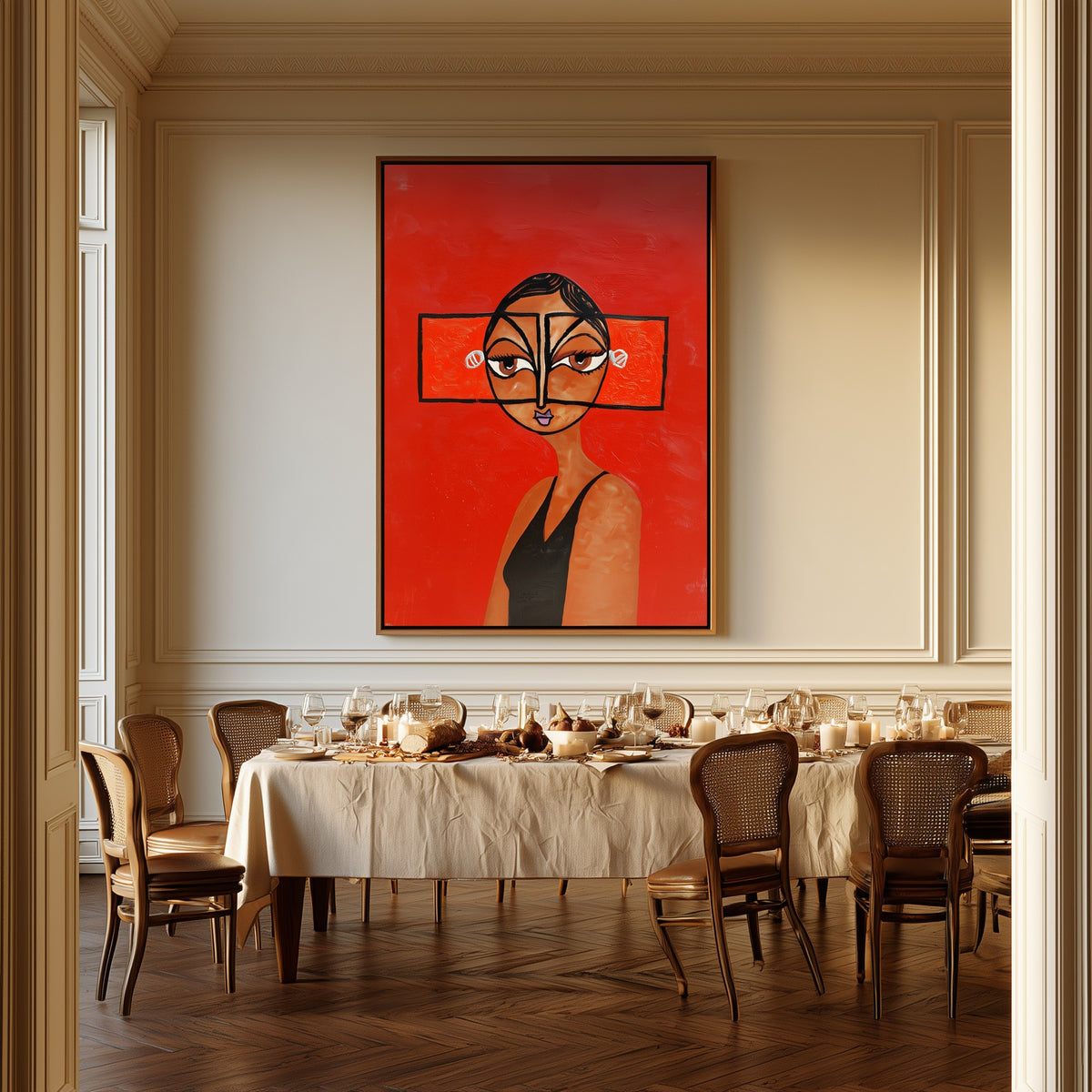 Scarlet Focus canvas above a dining table