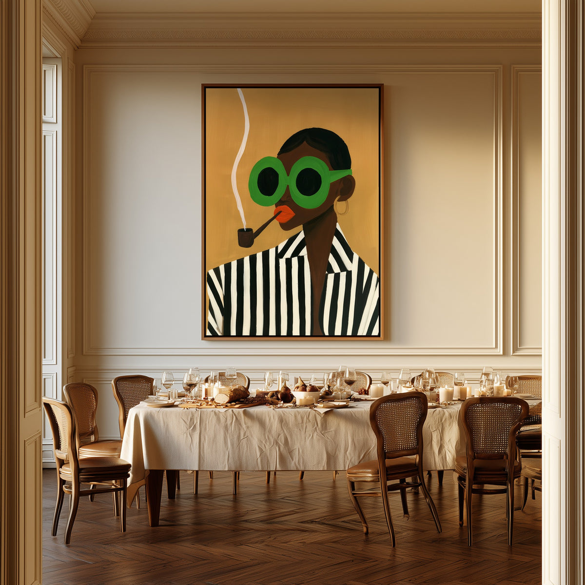 Woman with a Pipe canvas above a dining table