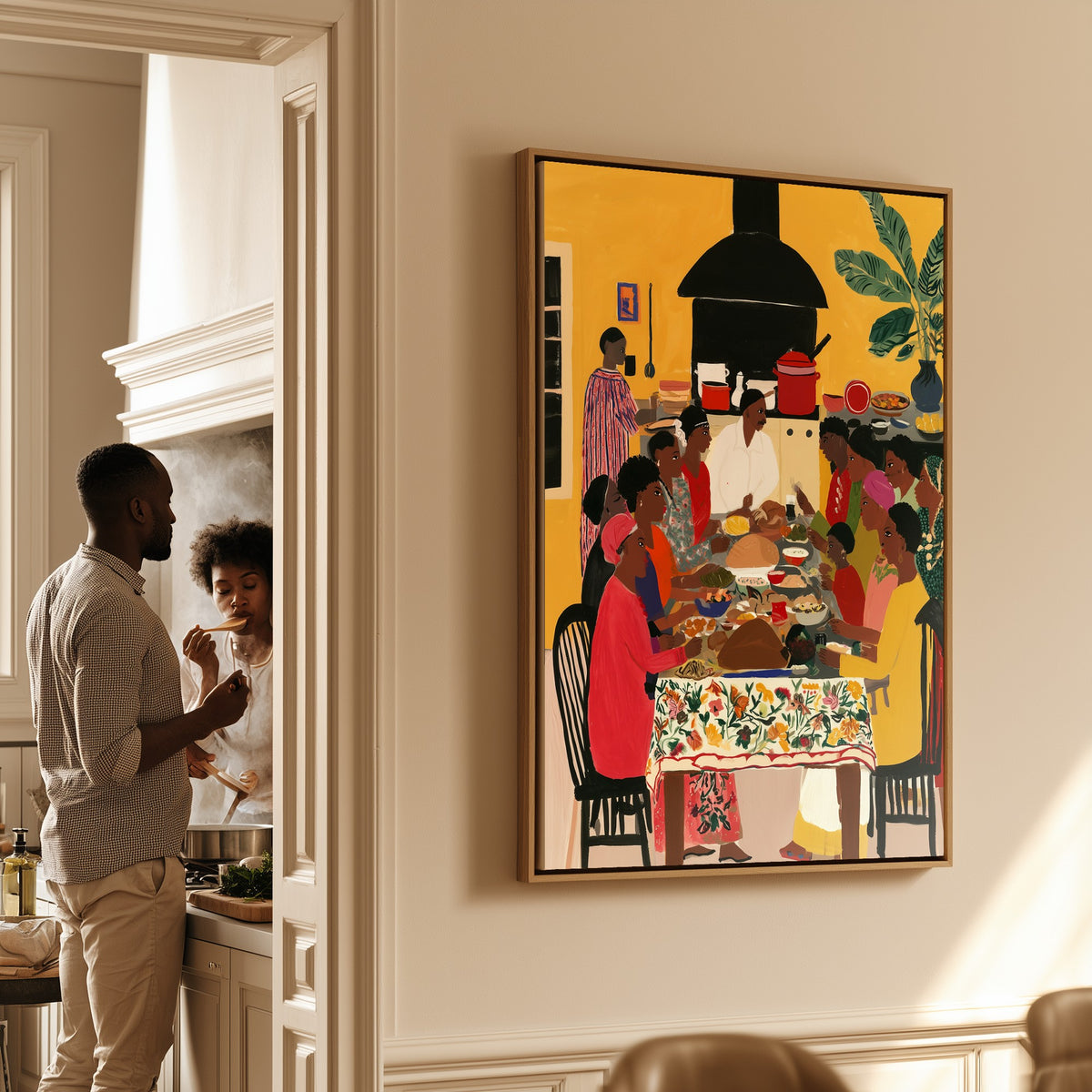 Everyone at the Table canvas in a kitchen, a couple beside it