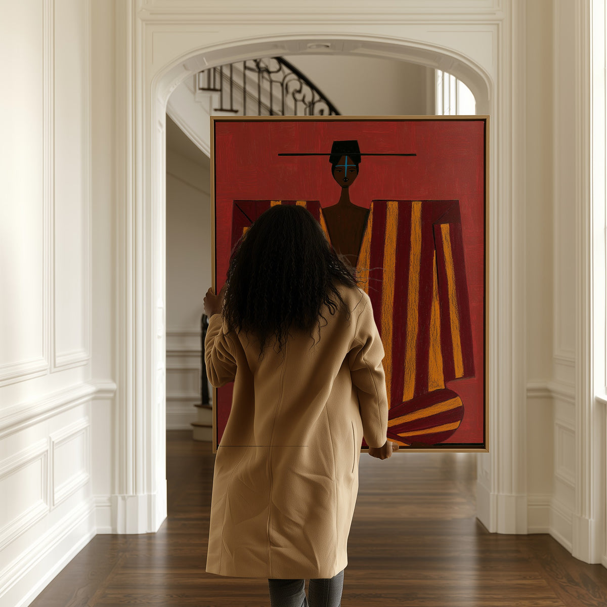 Carmine Stillness canvas in a hallway, a woman passing by