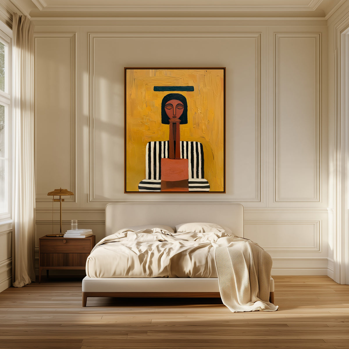 The Keeper canvas above the bed in a bedroom