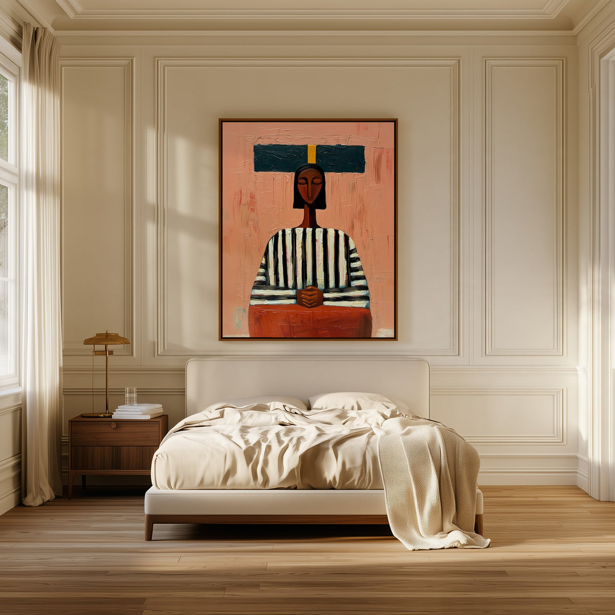 The Carrier canvas above the bed in a bedroom
