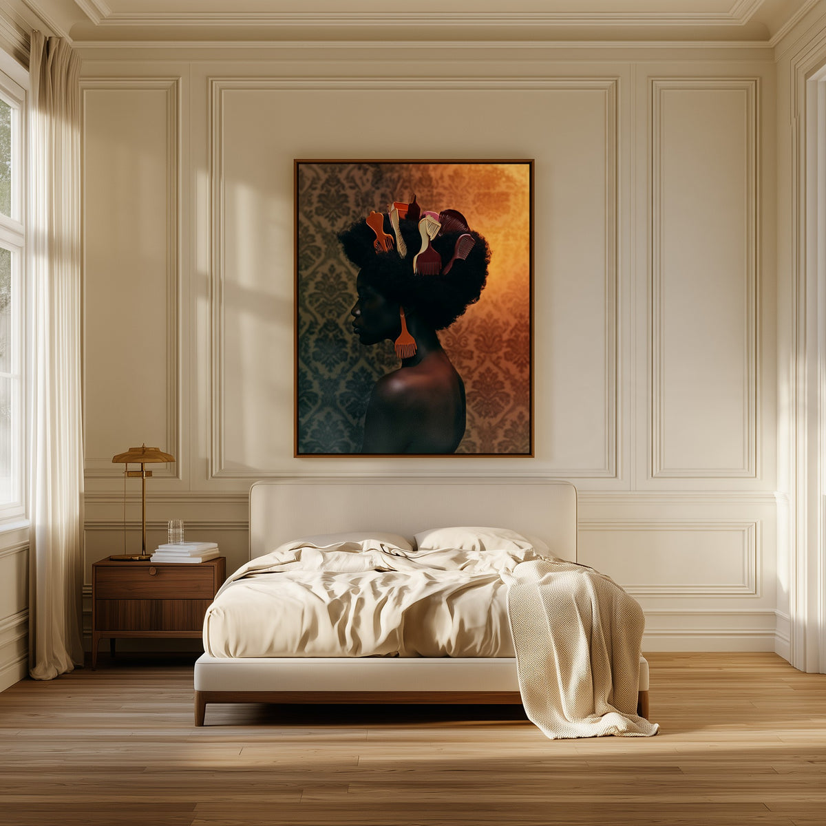 Tended Roots canvas above the bed in a bedroom