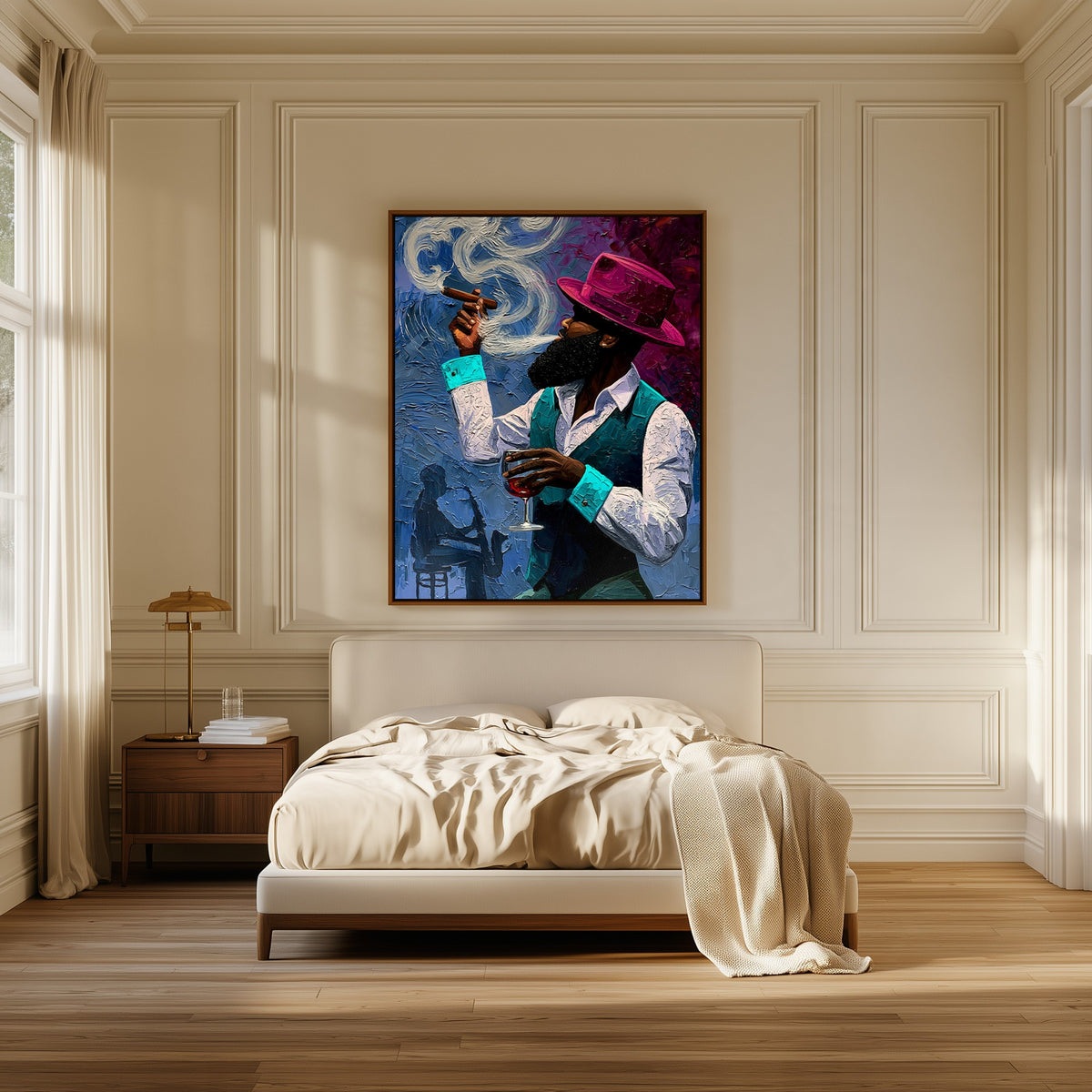 Gentleman in Magenta canvas above the bed in a bedroom