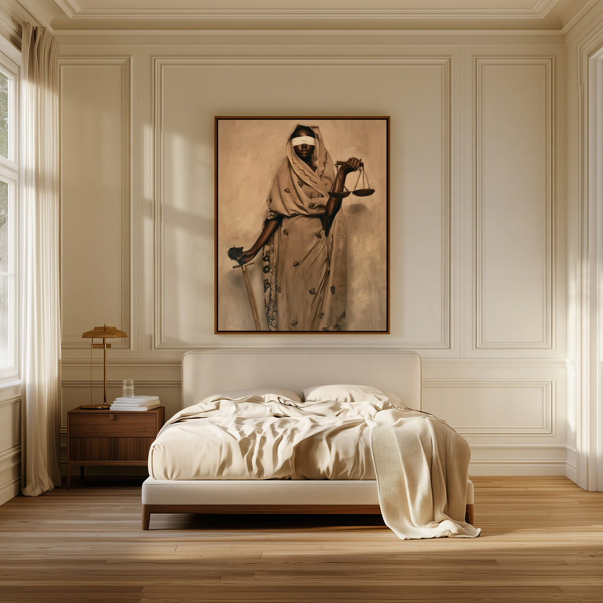 Lady Justice canvas above the bed in a bedroom