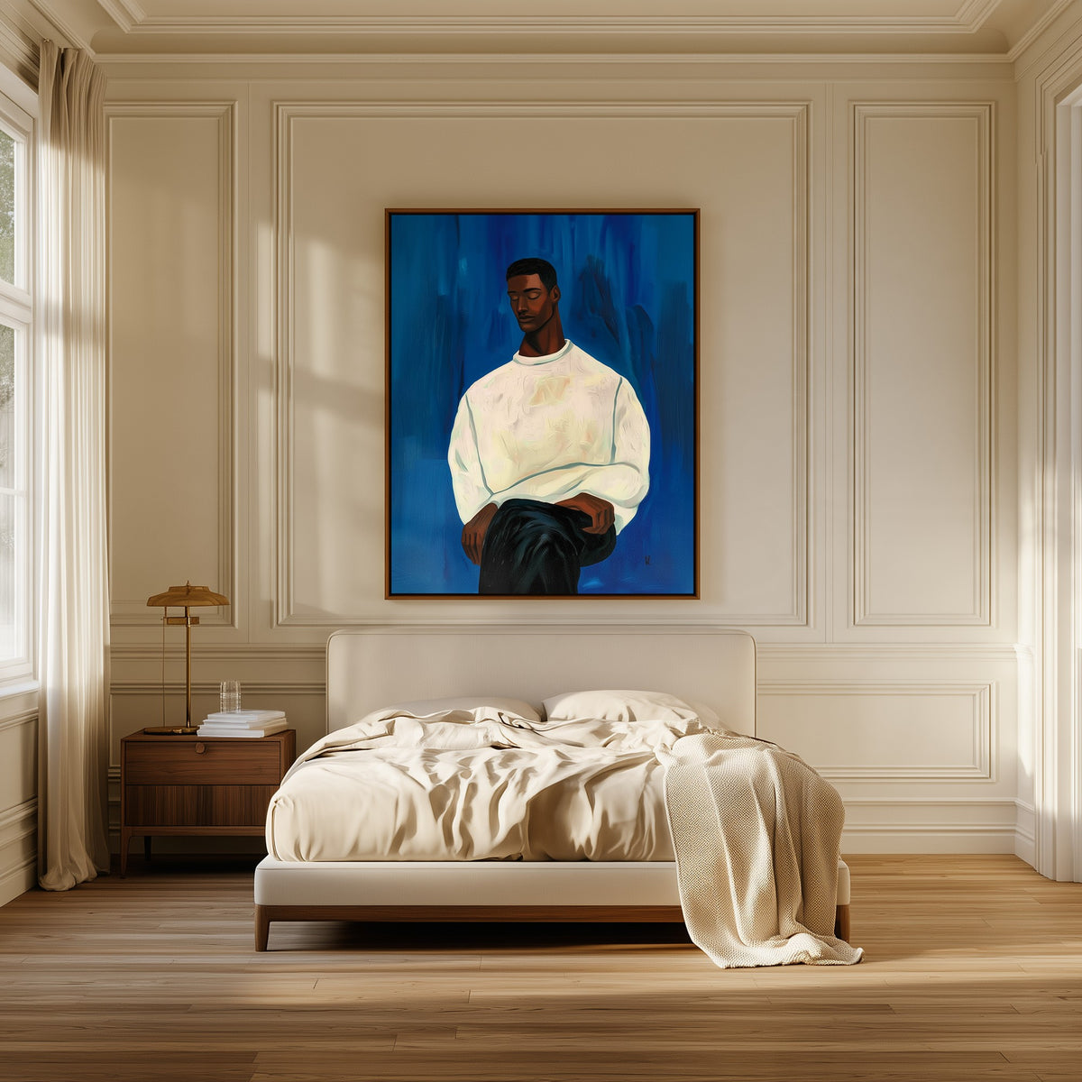 The White Sweater canvas above the bed in a bedroom