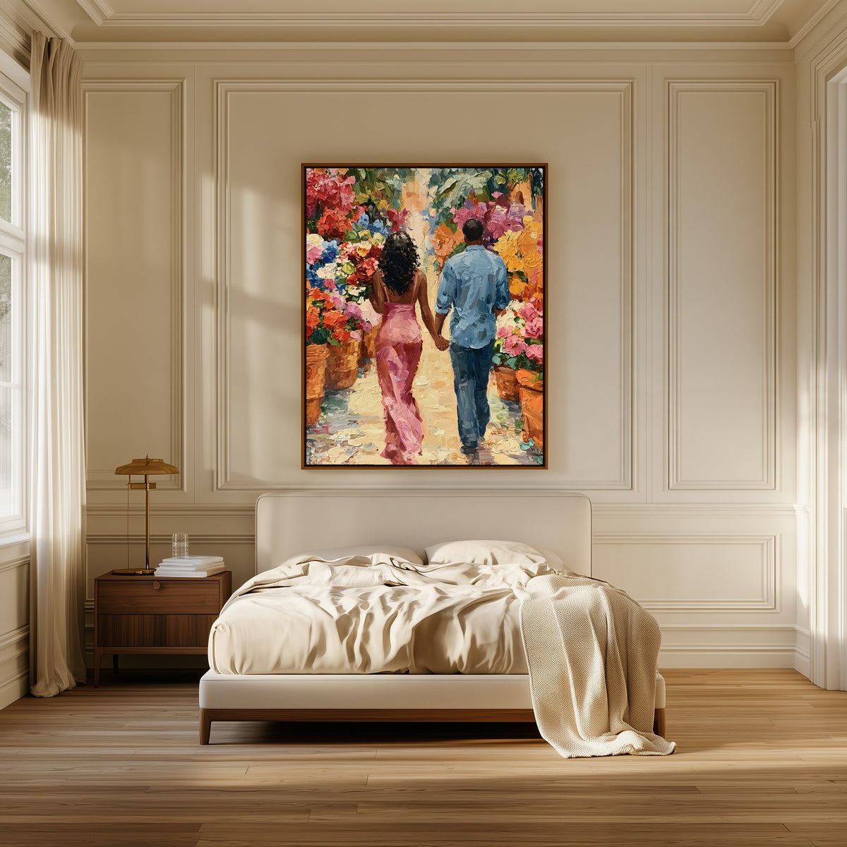 Through the Flower Market canvas above the bed in a bedroom