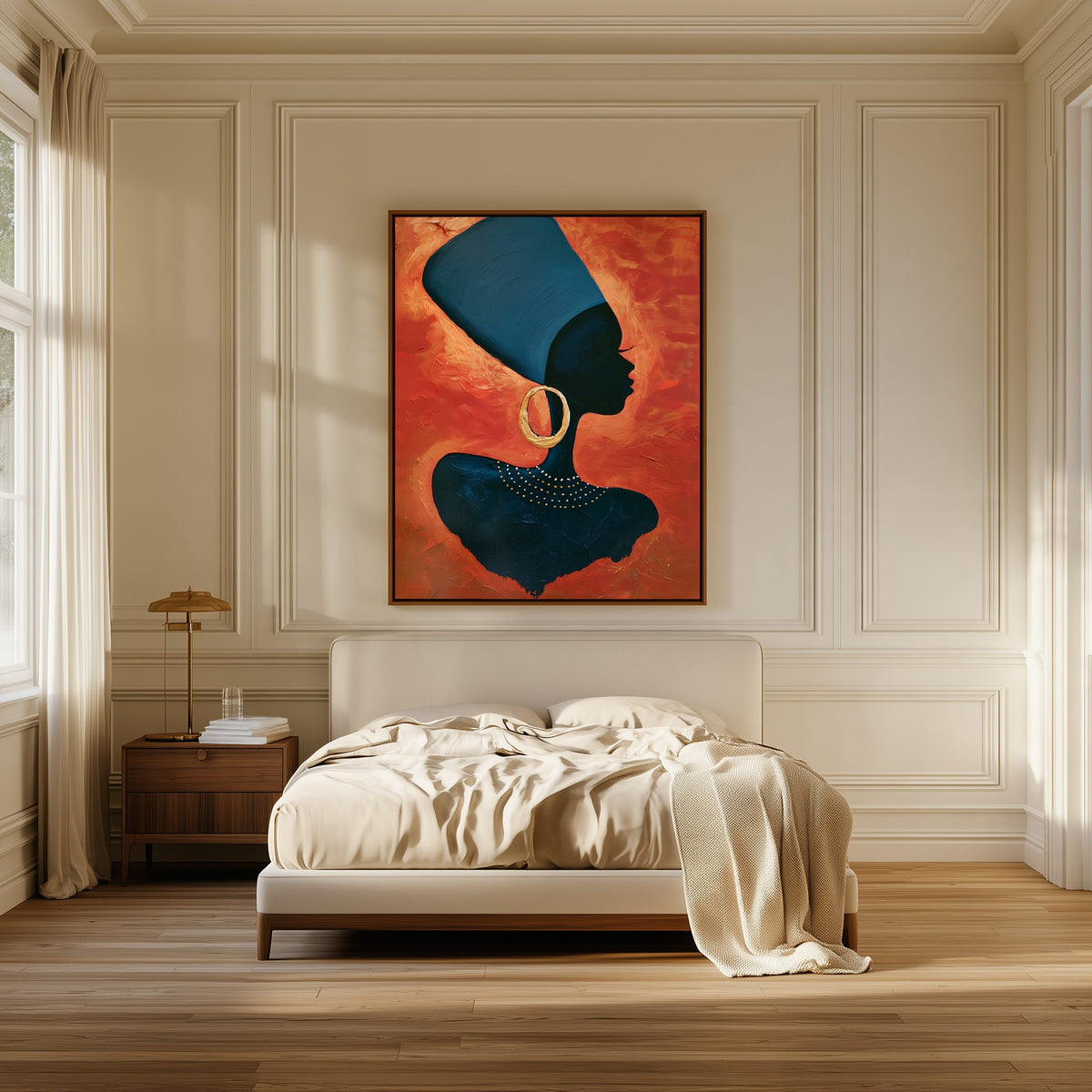 Blue Wrap canvas above the bed in a bedroom