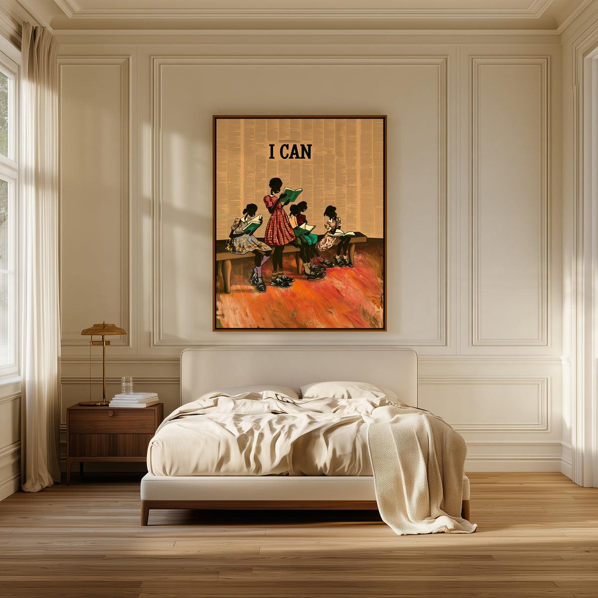 The Reading Bench canvas above the bed in a bedroom