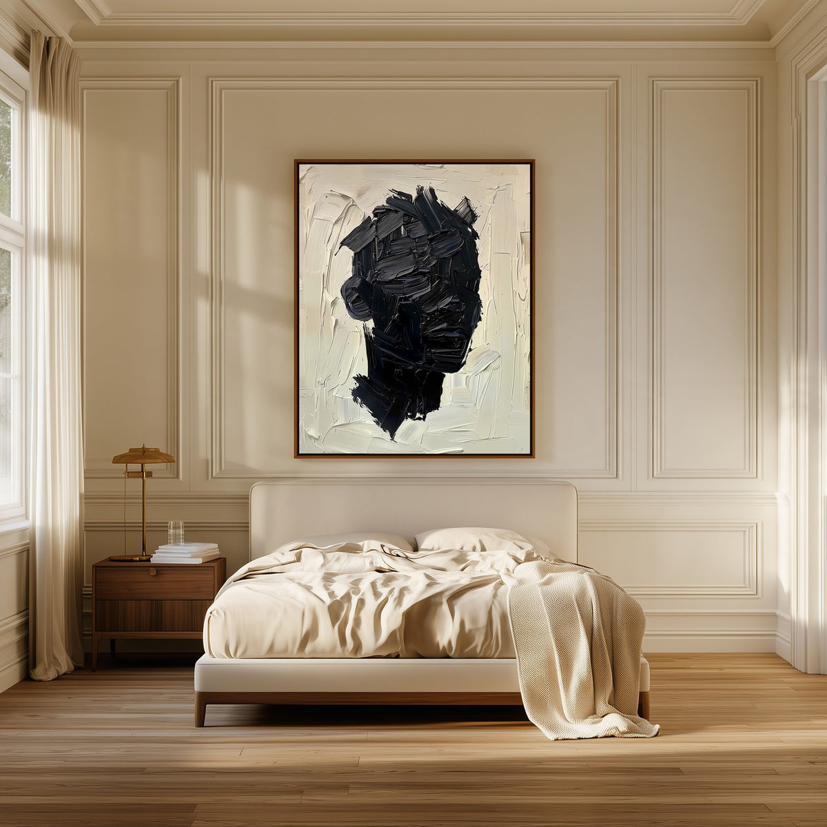 Unfinished Self canvas above the bed in a bedroom