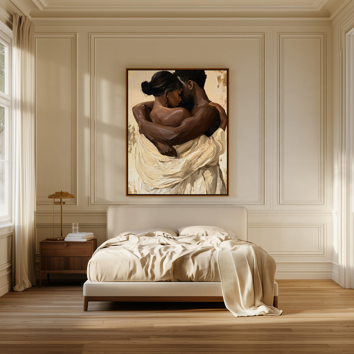 The Embrace canvas above the bed in a bedroom