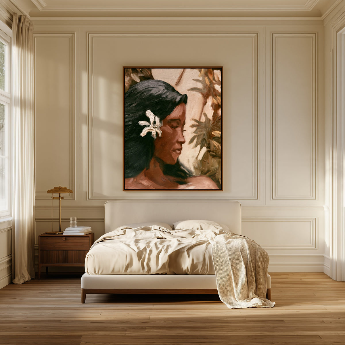 Woman with a Frangipani canvas above the bed in a bedroom
