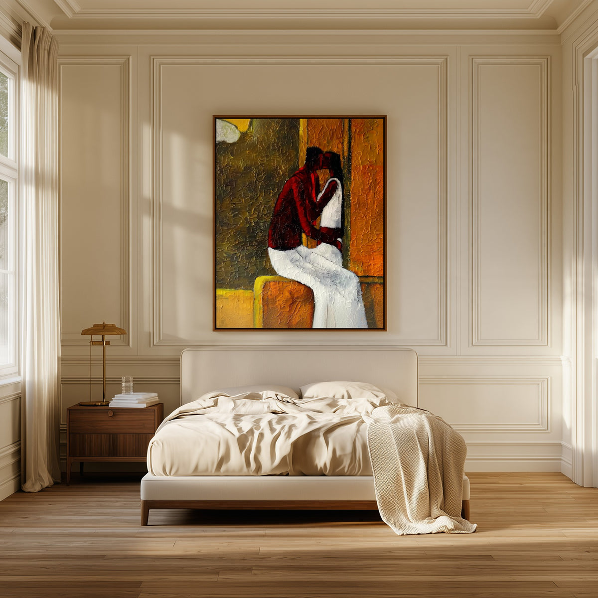 The Stolen Kiss canvas above the bed in a bedroom