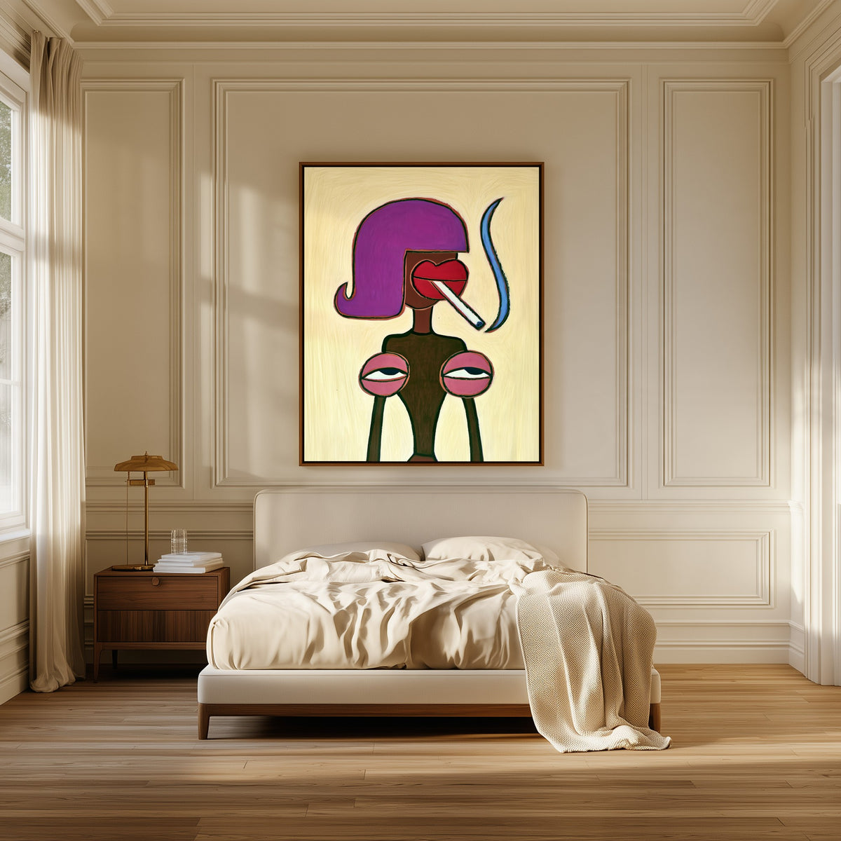 Violet Nonchalance canvas above the bed in a bedroom