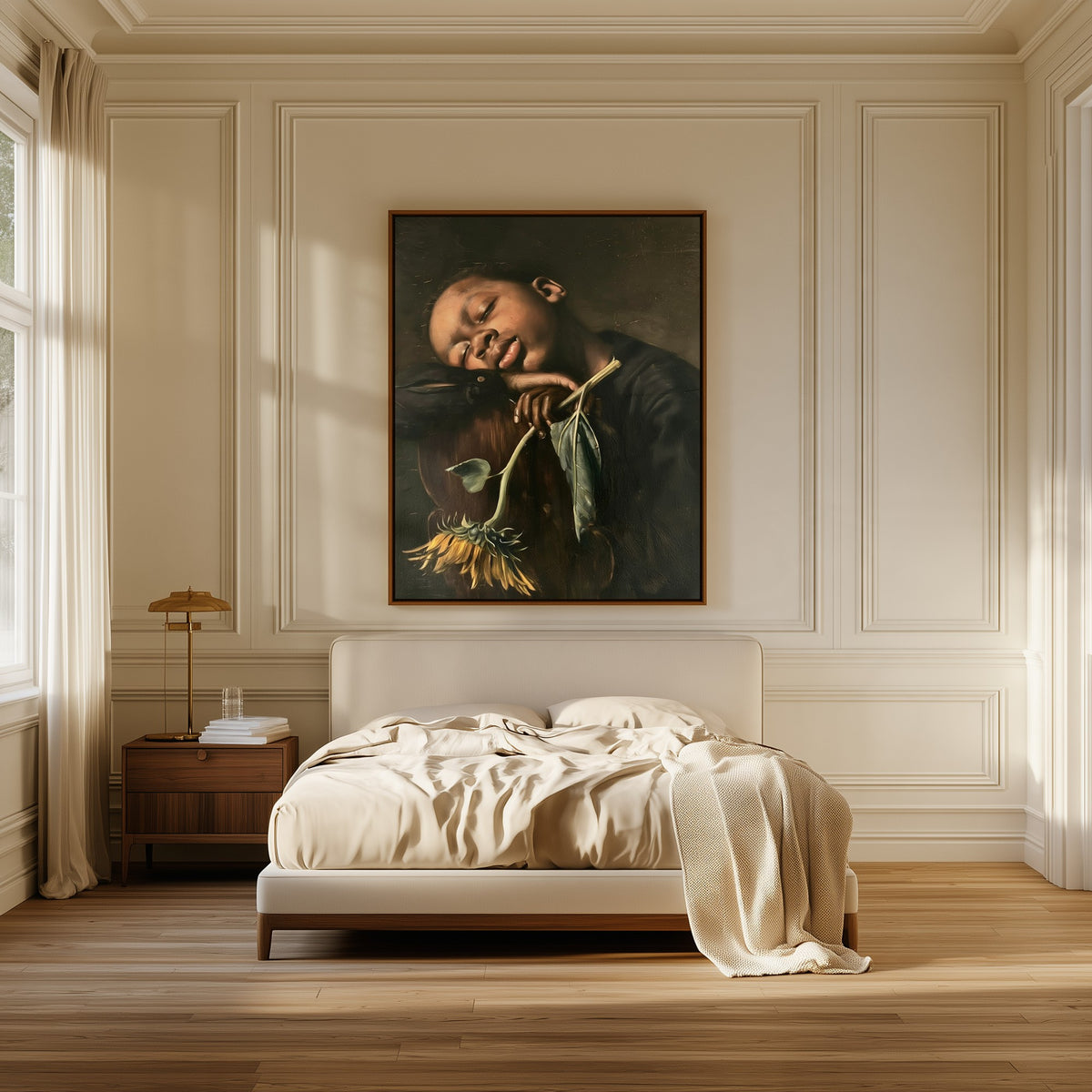 Sleeping Boy with Sunflower canvas above the bed in a bedroom