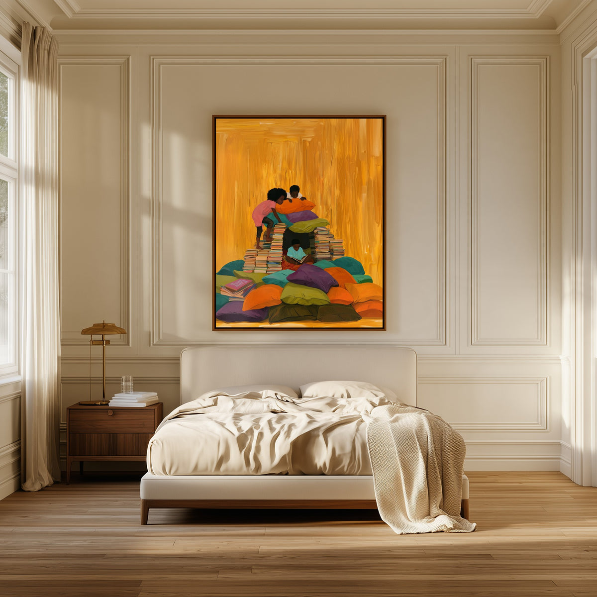 The Reading Fort canvas above the bed in a bedroom