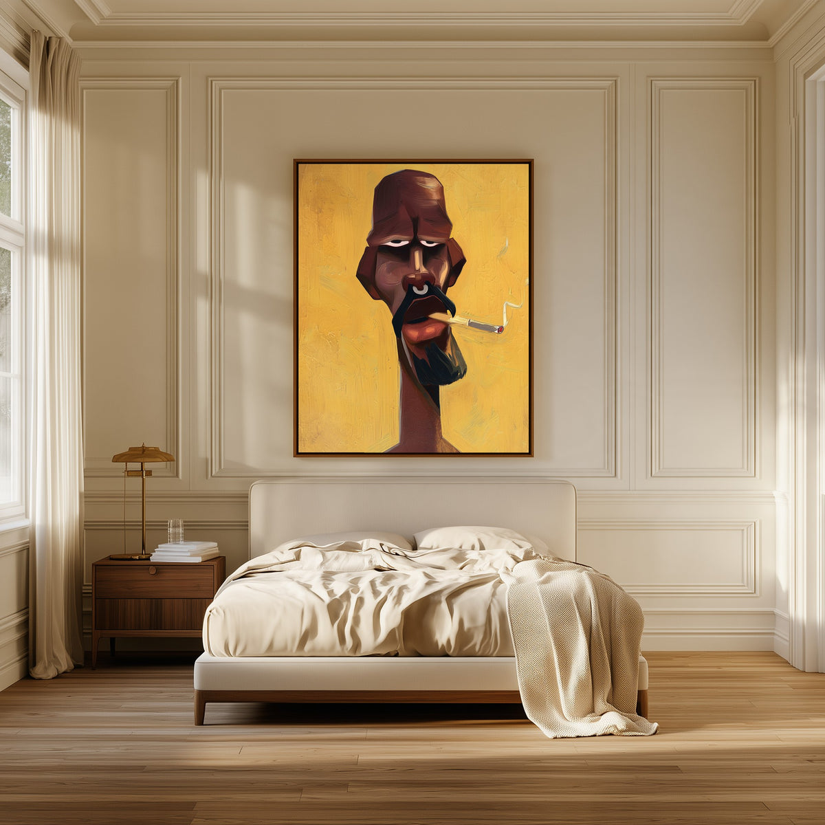 The Smoker canvas above the bed in a bedroom