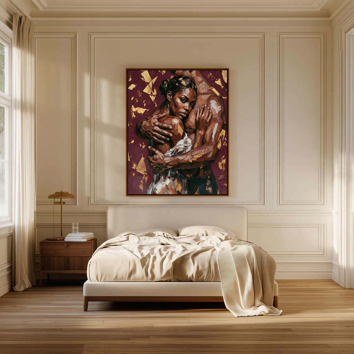 Holding On canvas above the bed in a bedroom
