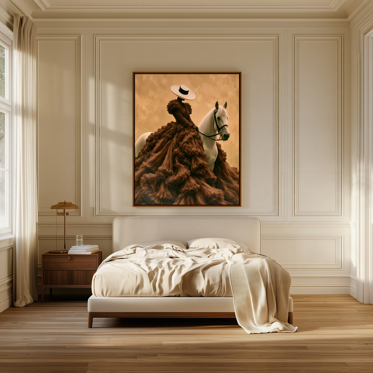 Lady in Chocolate Tulle canvas above the bed in a bedroom