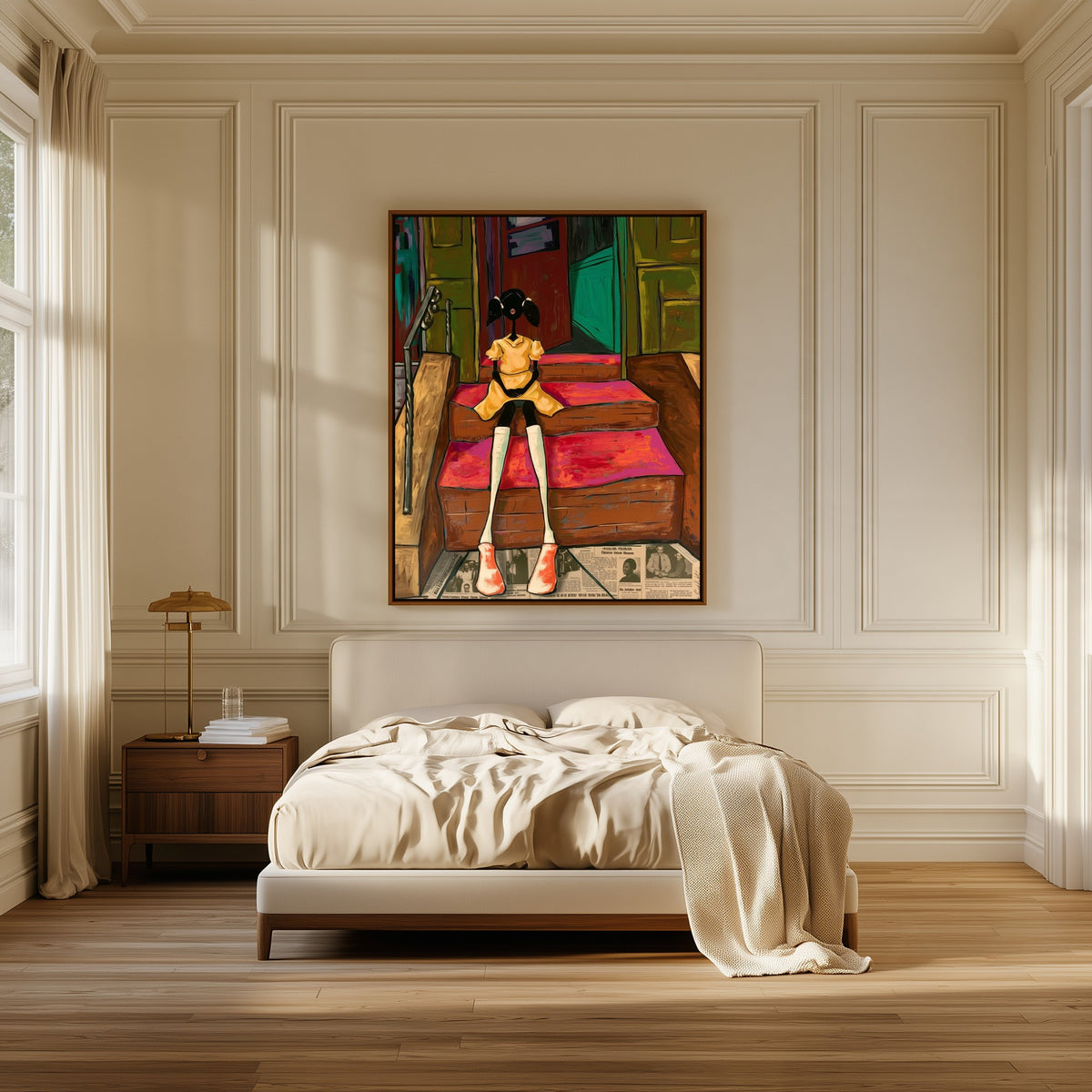 Girl on the Stoop canvas above the bed in a bedroom