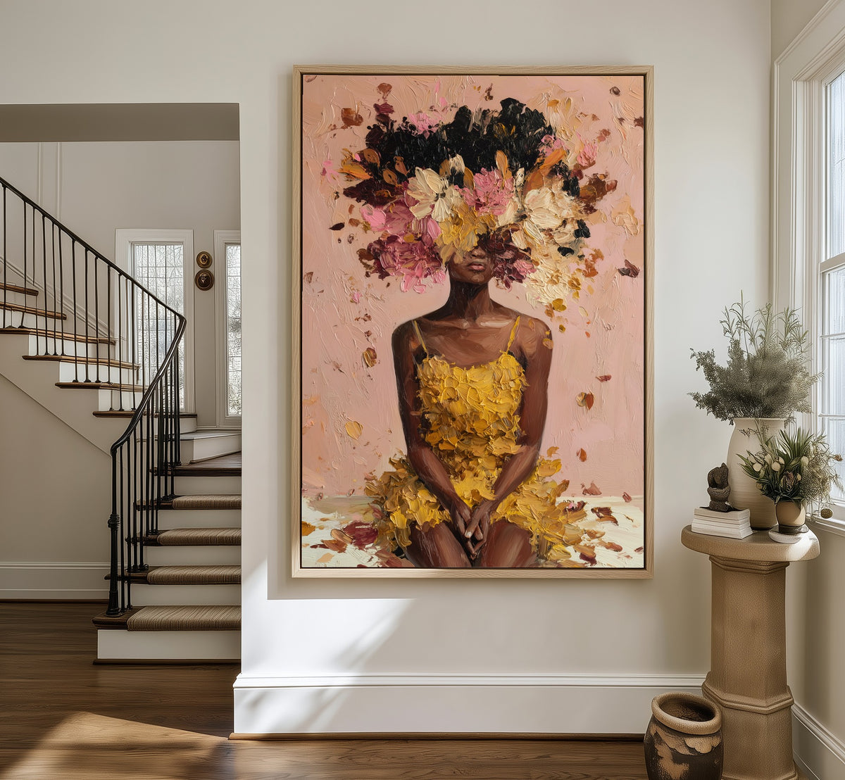 Petals Unbound framed canvas in an entryway by the stairs