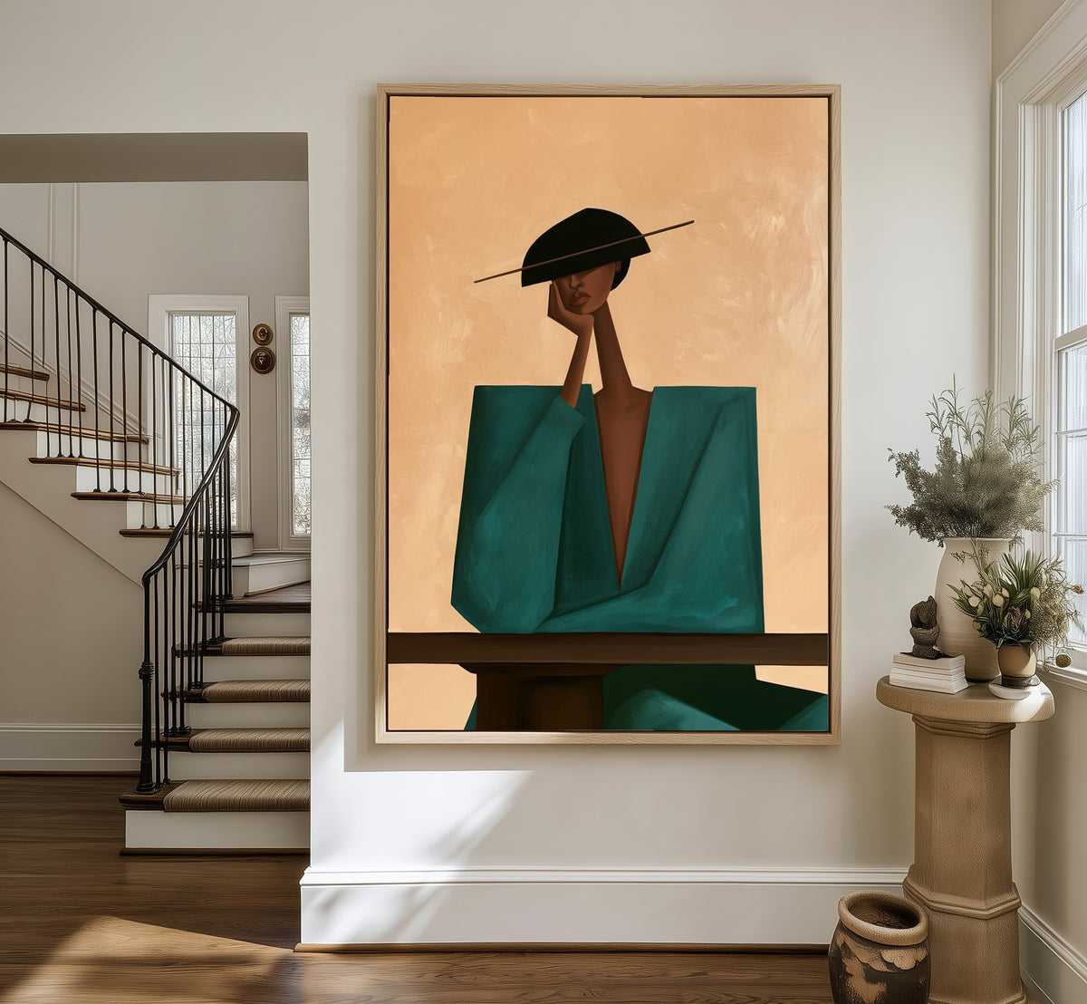 Idle Thought framed canvas in an entryway by the stairs