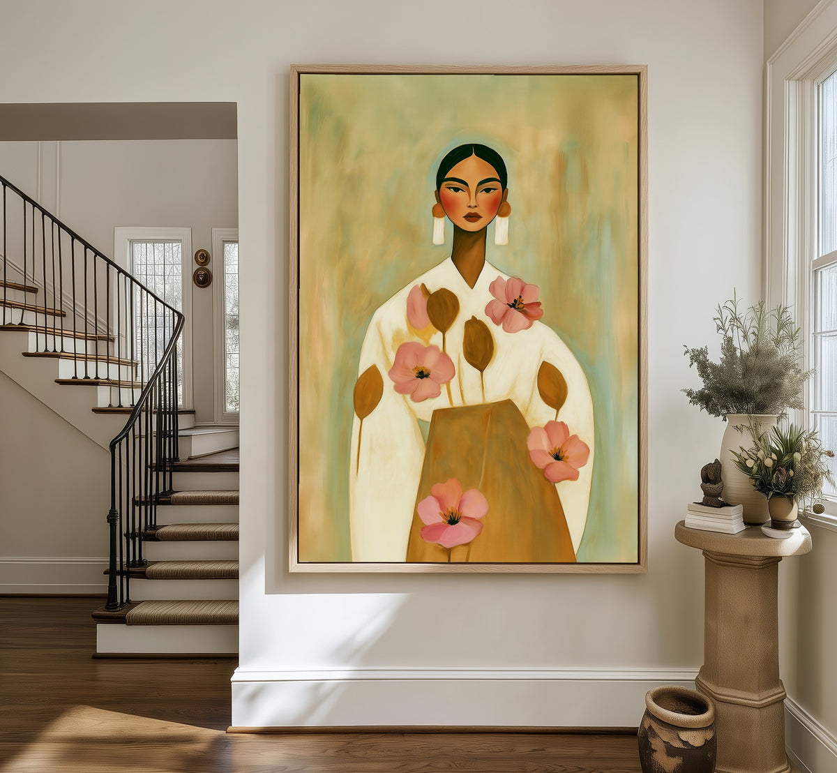 Soft Bloom framed canvas in an entryway by the stairs