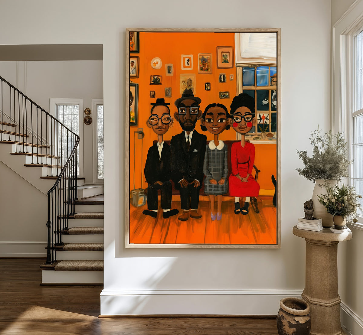 The Family Sitting framed canvas in an entryway by the stairs