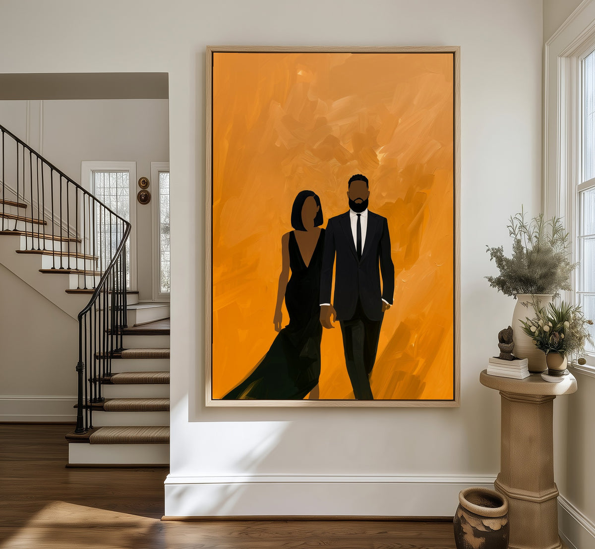 Evening Arrival framed canvas in an entryway by the stairs