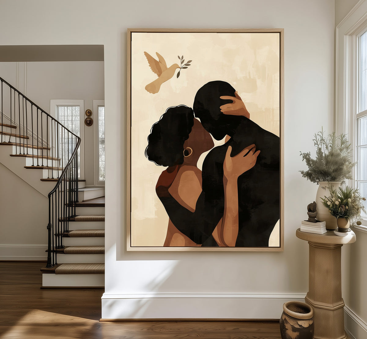 Under the Dove framed canvas in an entryway by the stairs
