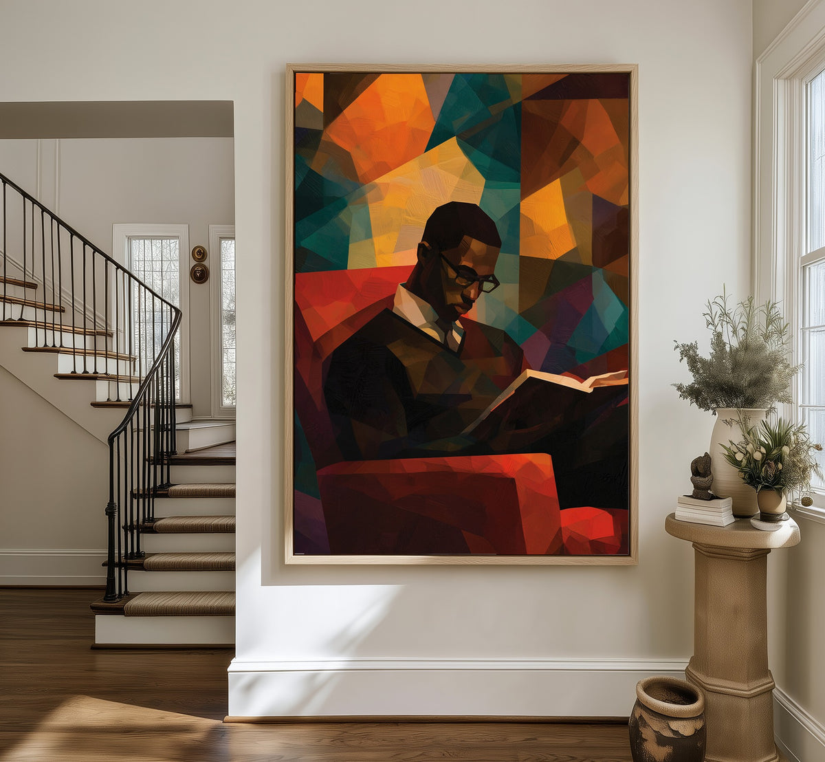 Faceted Thought framed canvas in an entryway by the stairs