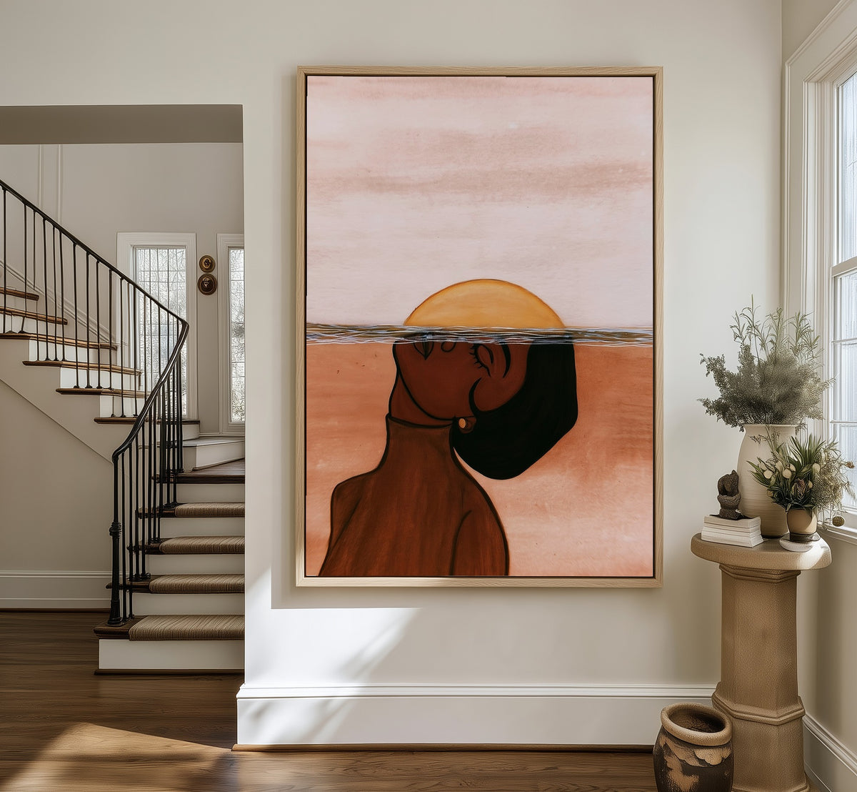 Moonrise Within framed canvas in an entryway by the stairs