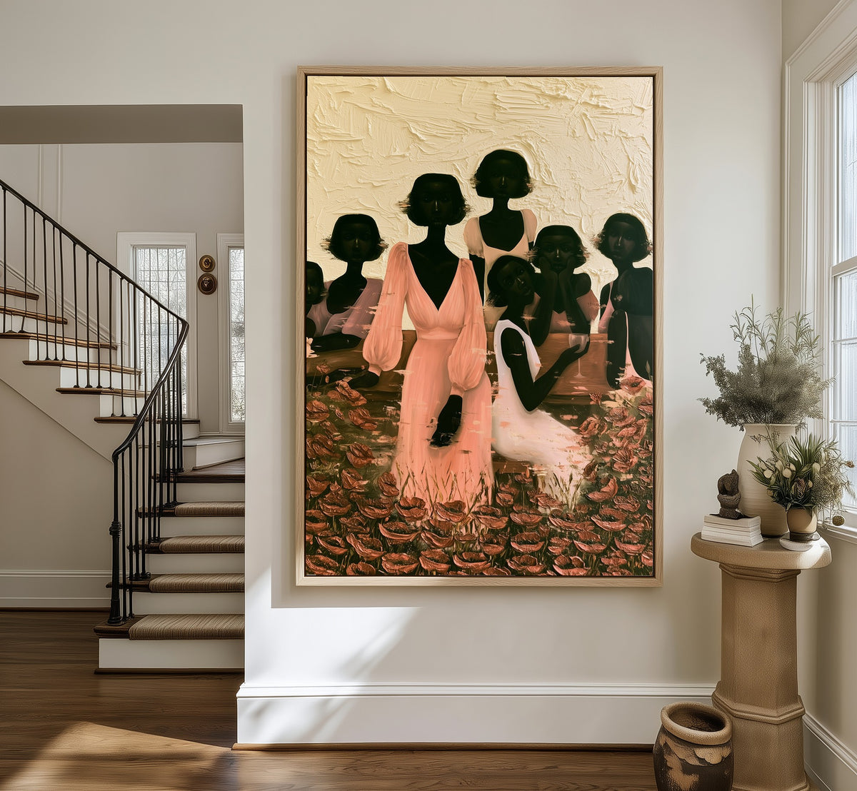 The Bridal Party framed canvas in an entryway by the stairs