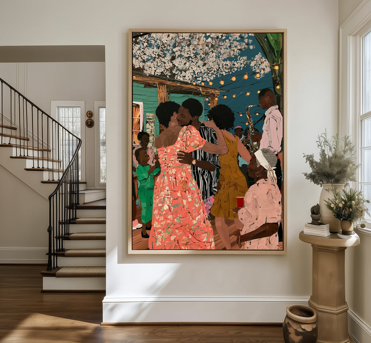 Party Under the Blossoms framed canvas in an entryway by the stairs