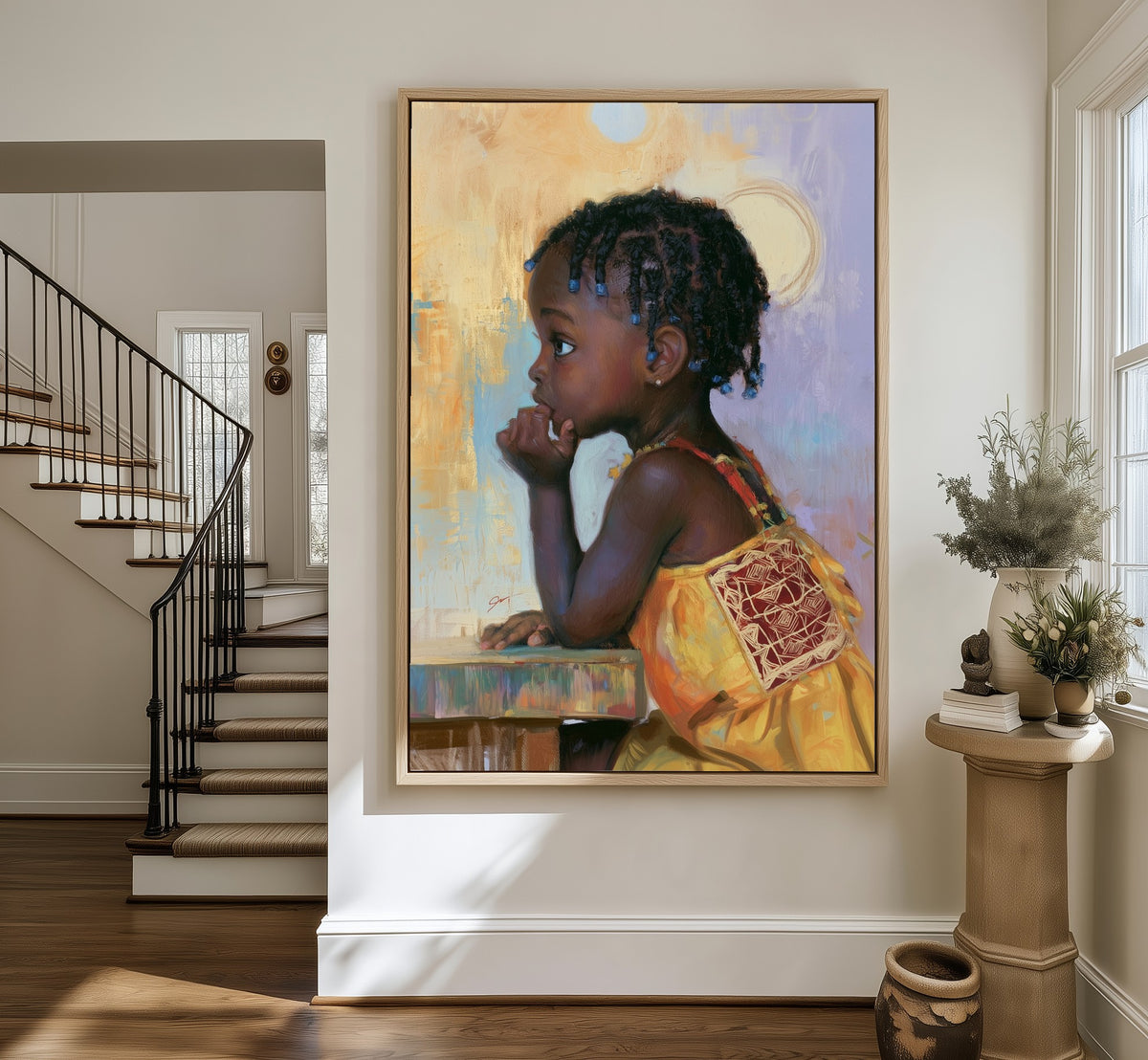 The Daydreamer framed canvas in an entryway by the stairs