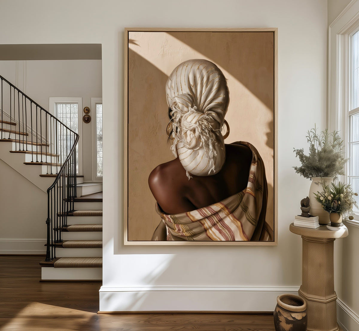 White Wrap framed canvas in an entryway by the stairs