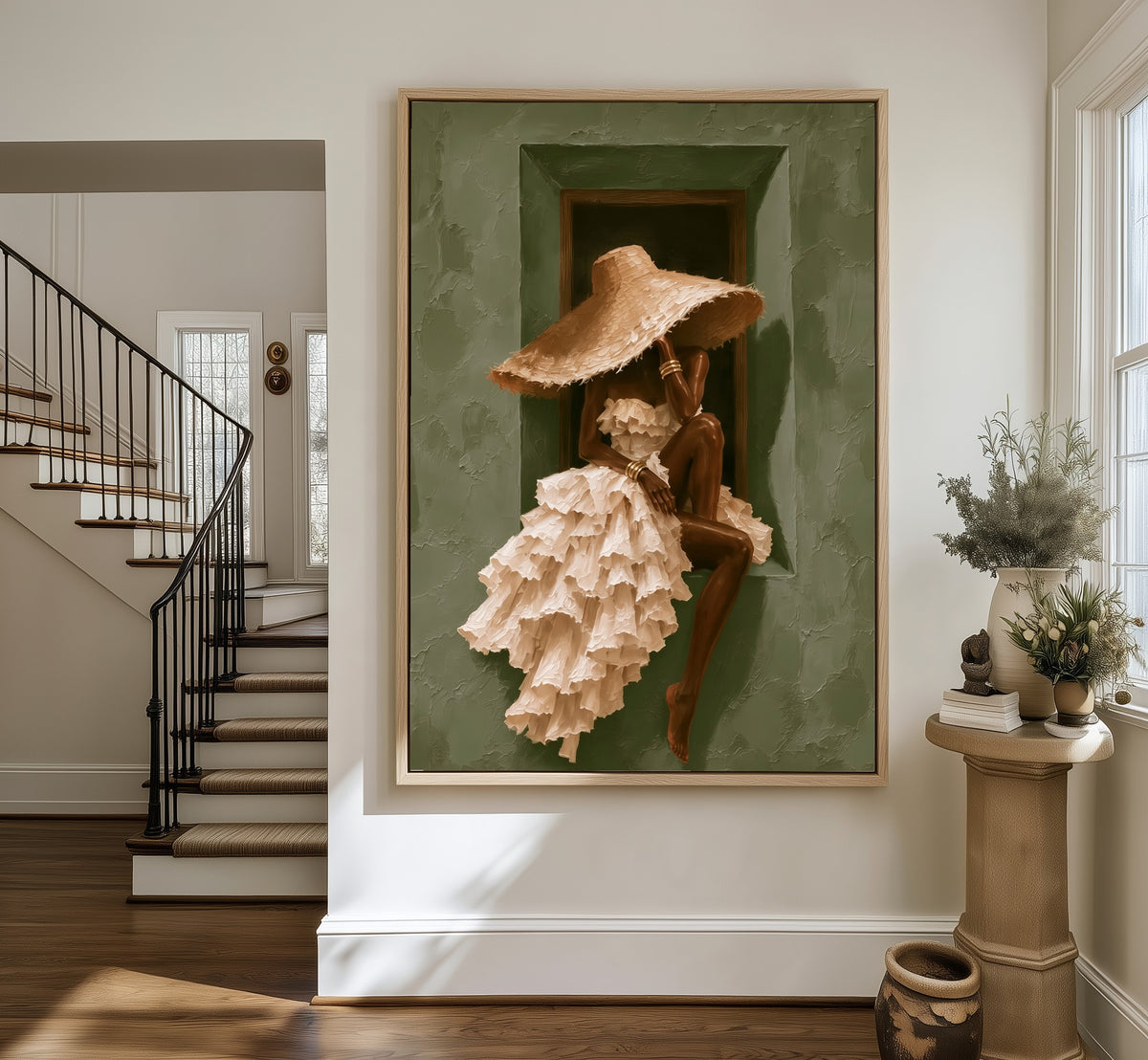 Afternoon Hush framed canvas in an entryway by the stairs