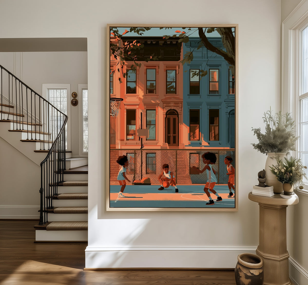 Pickup on the Block framed canvas in an entryway by the stairs