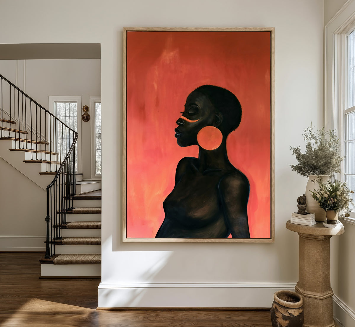Copper Hoop framed canvas in an entryway by the stairs