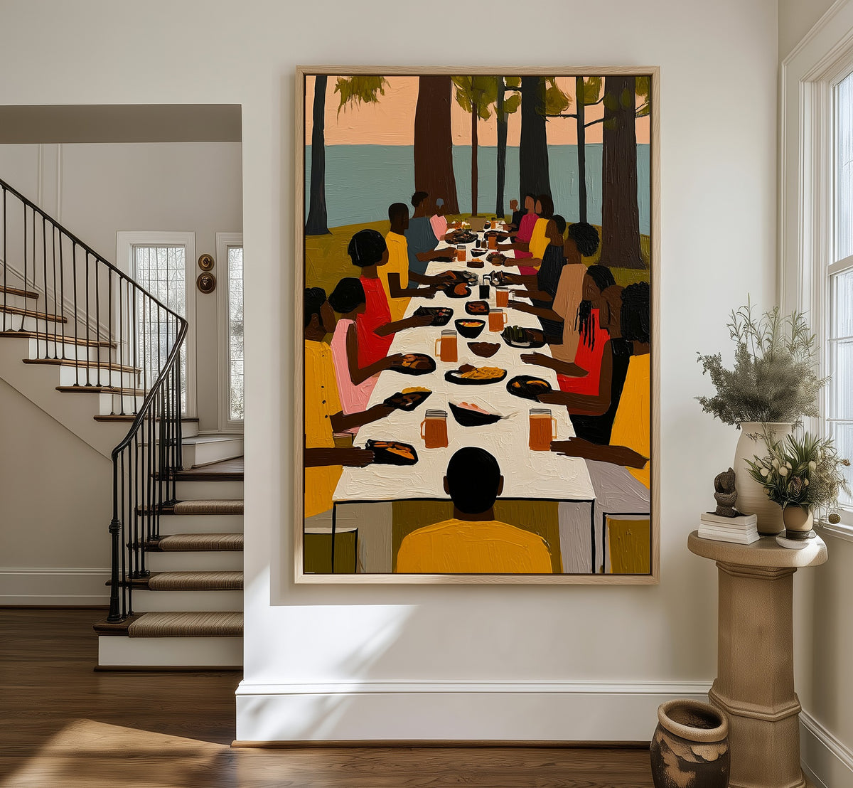 Supper Under the Pines framed canvas in an entryway by the stairs