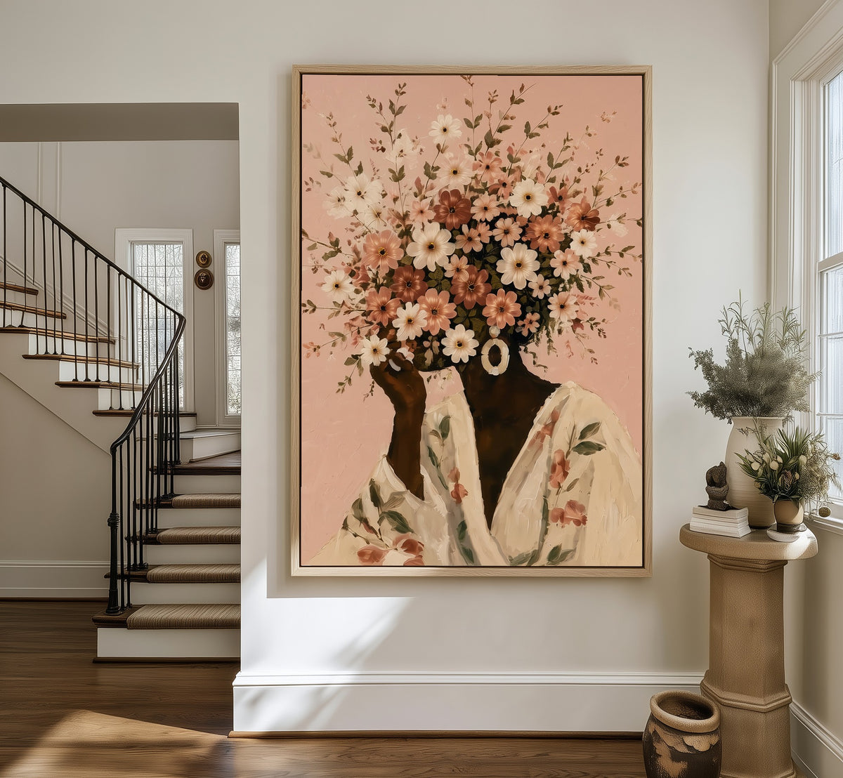 Full Bloom framed canvas in an entryway by the stairs