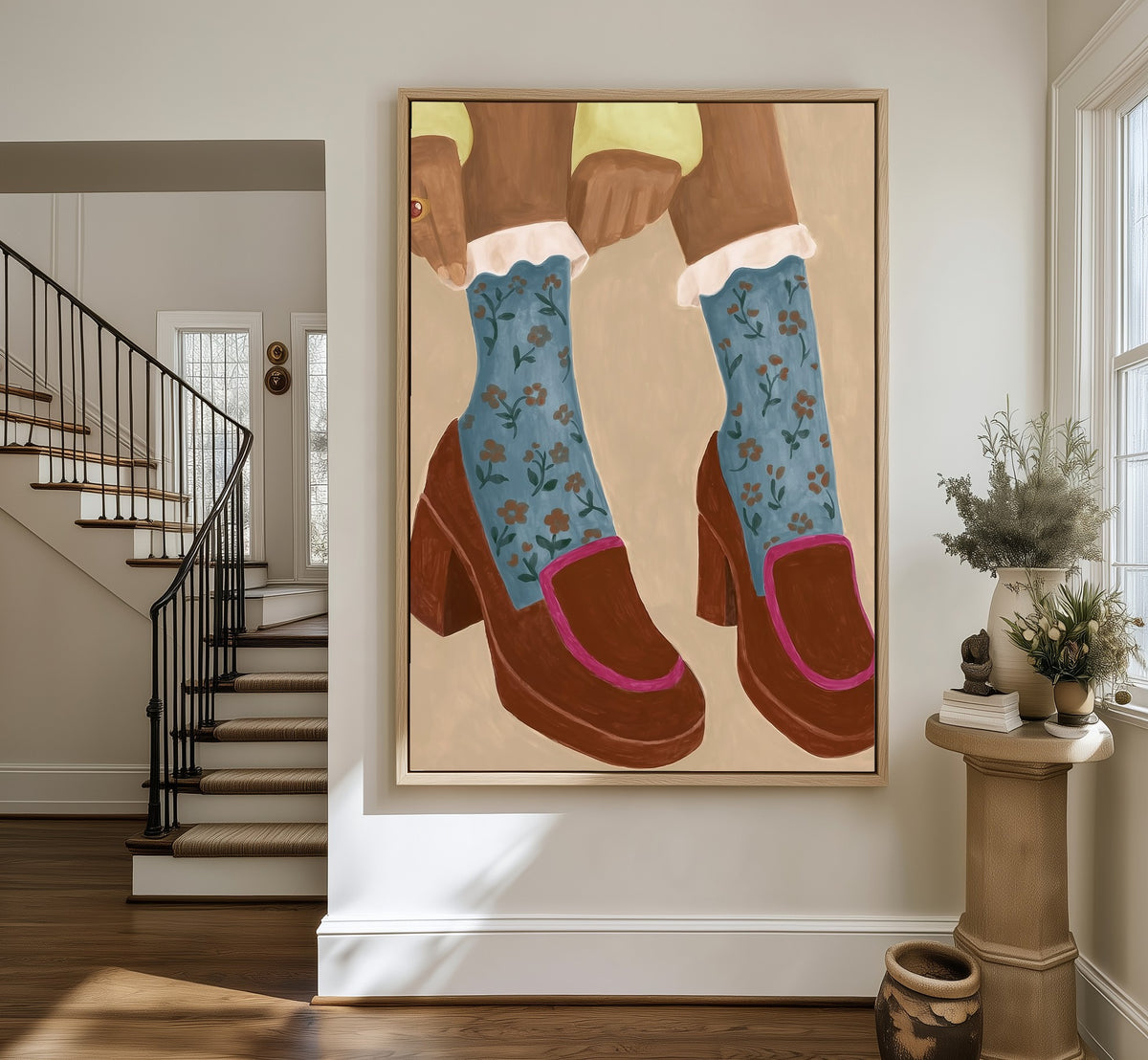 Study in Floral Socks framed canvas in an entryway by the stairs