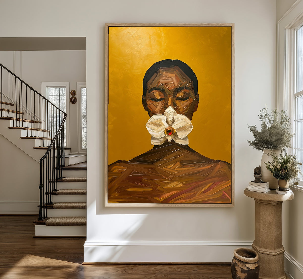 The Offering framed canvas in an entryway by the stairs