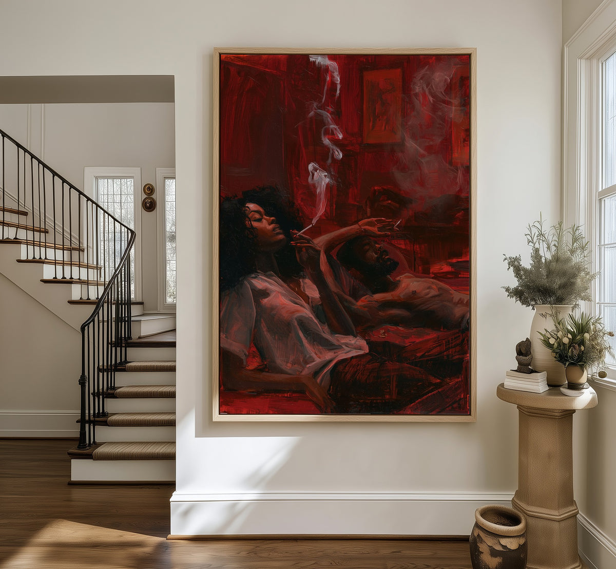 Smoke in the Parlour framed canvas in an entryway by the stairs