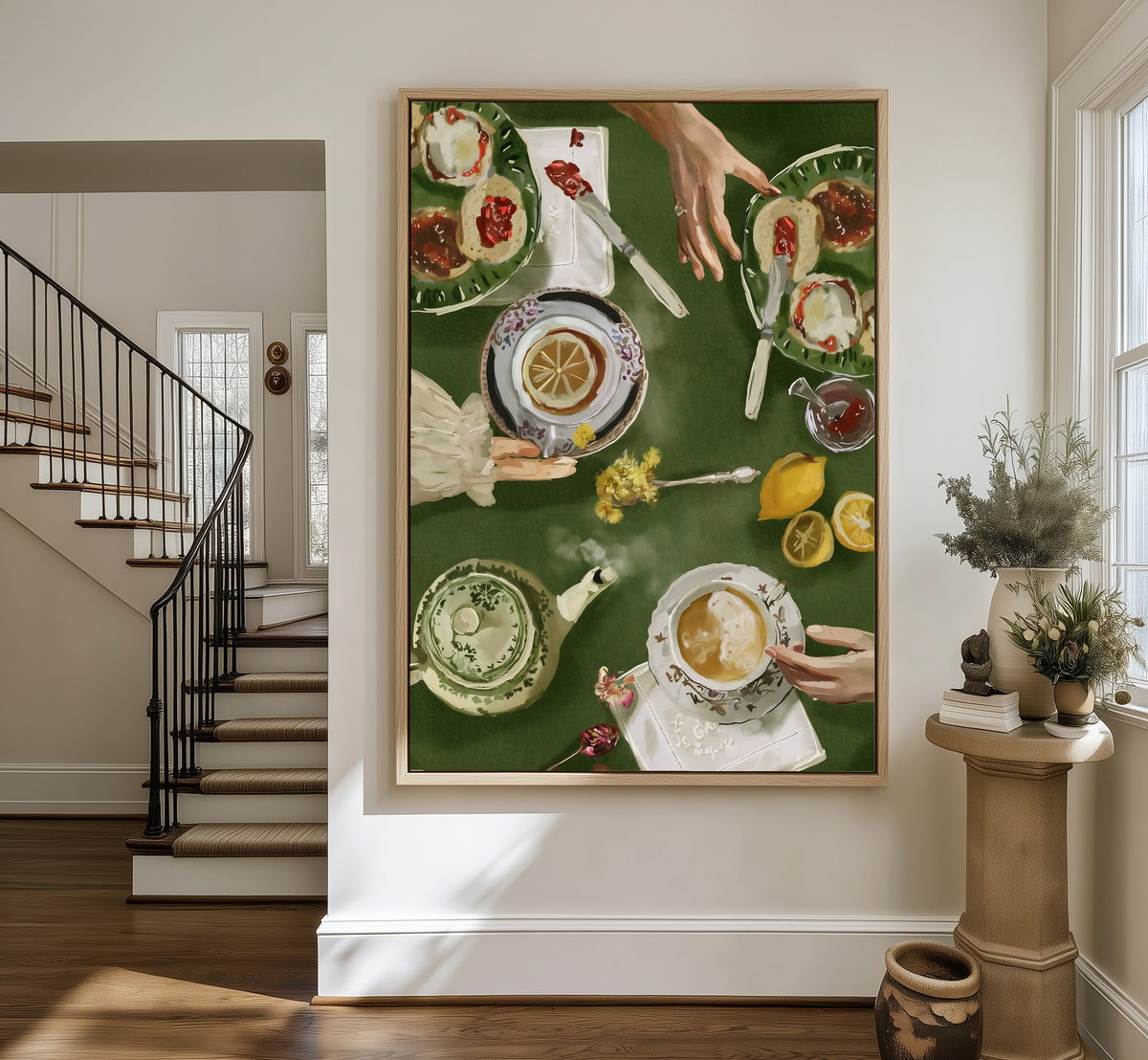 Afternoon Tea framed canvas in an entryway by the stairs