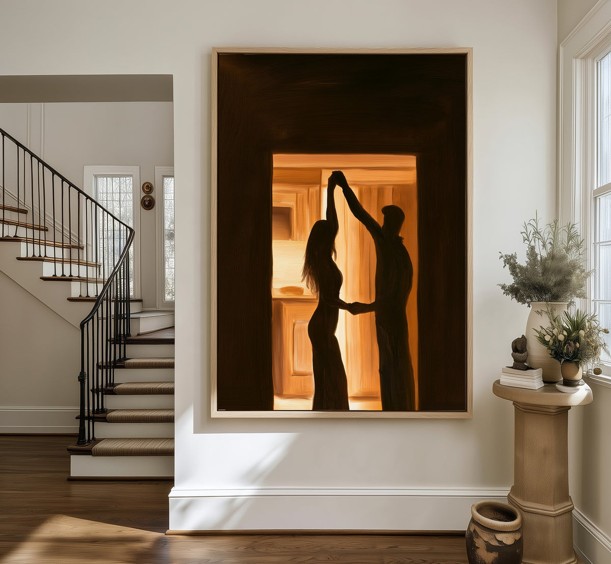 Kitchen Light framed canvas in an entryway by the stairs