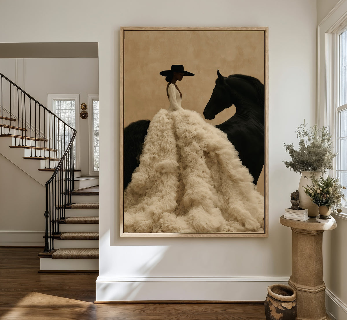 Rider in Ivory framed canvas in an entryway by the stairs