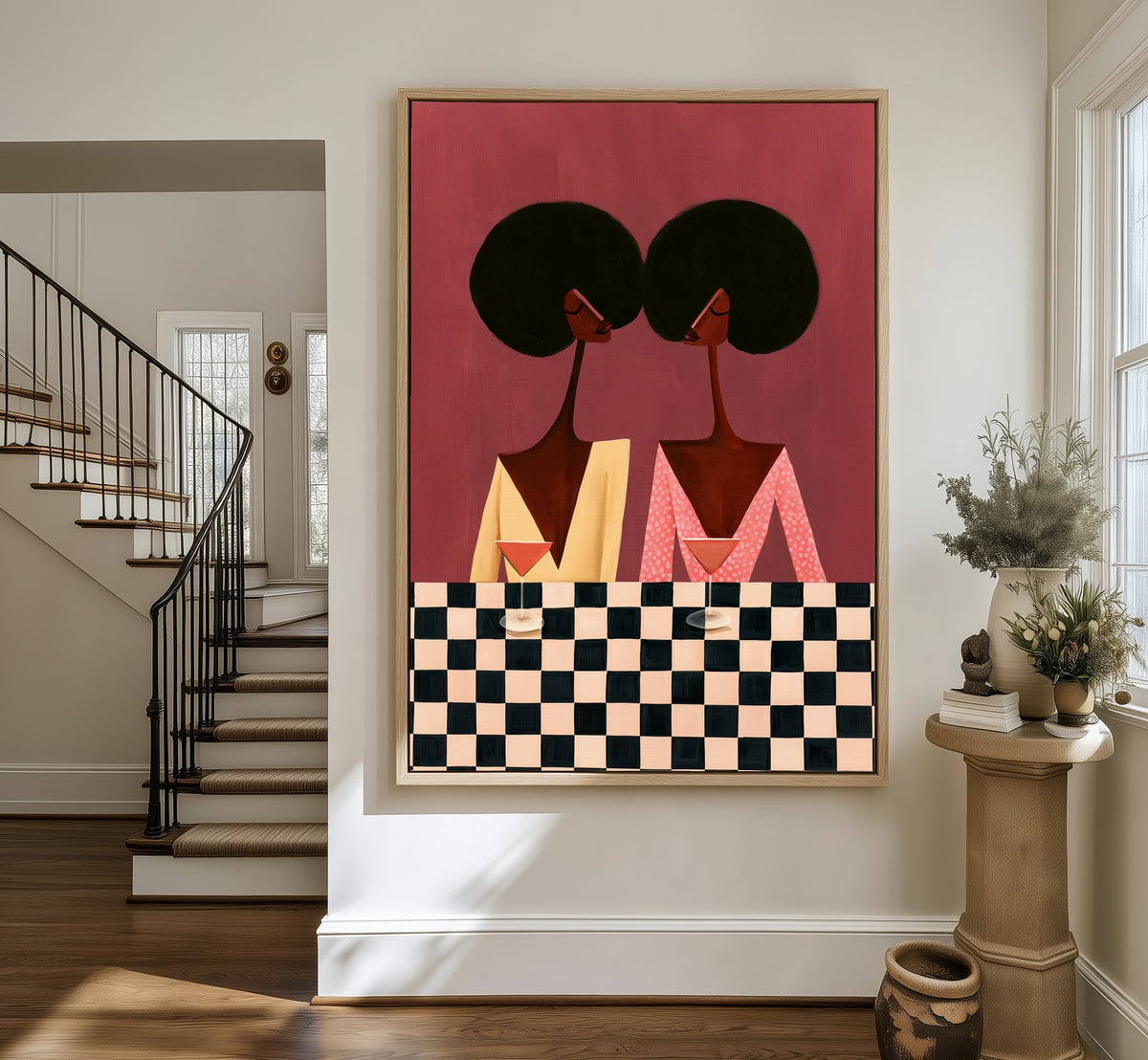 The Checkered Bar framed canvas in an entryway by the stairs