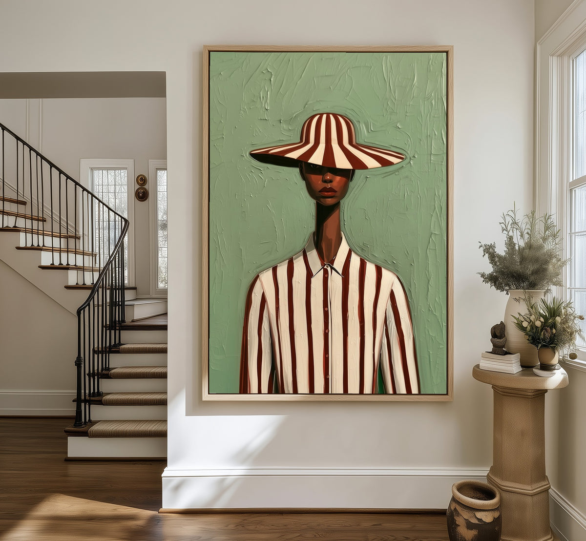 Striped Composure framed canvas in an entryway by the stairs