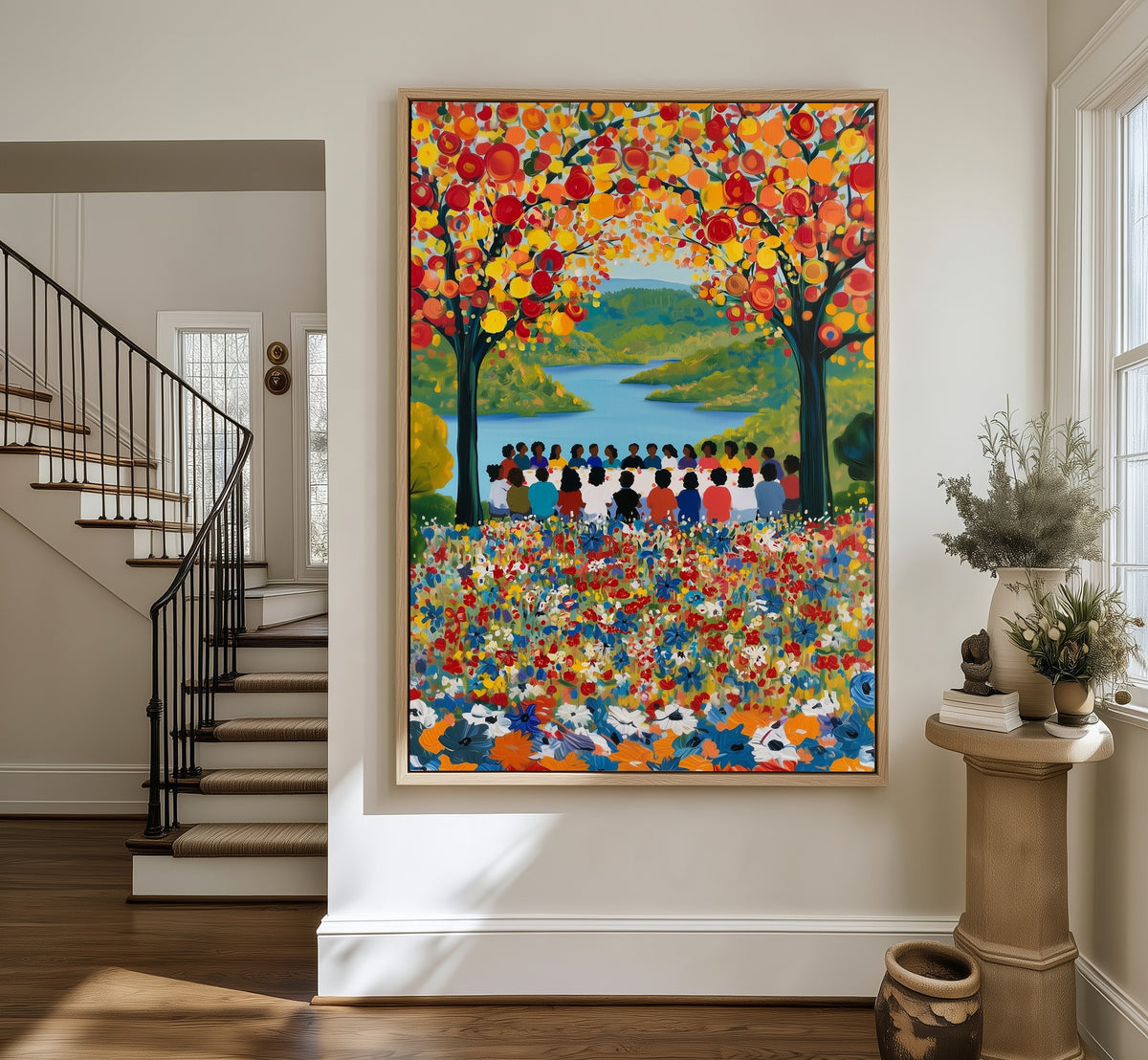 Gathering at the River framed canvas in an entryway by the stairs